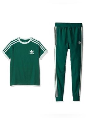 adidas Boys Three Leaf Logo Athletic 3 Stripes Ringer Tee Shirt w Trefoil Pants